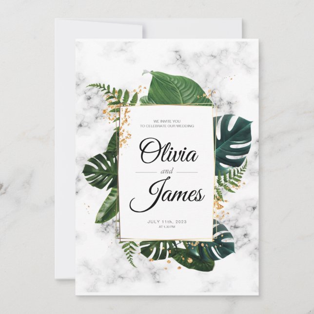 Invitación Elegante Monstera Greenery Boda Gold (Anverso)