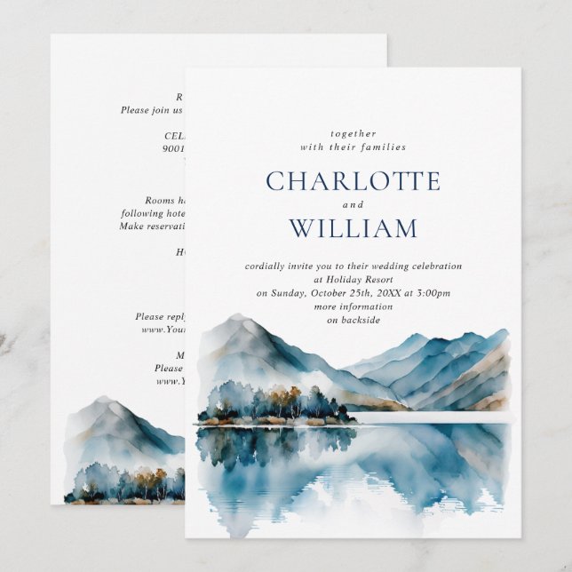 Invitación Elegante Montañas de Acuarela Boda Forestal RSVP (Anverso / Reverso)