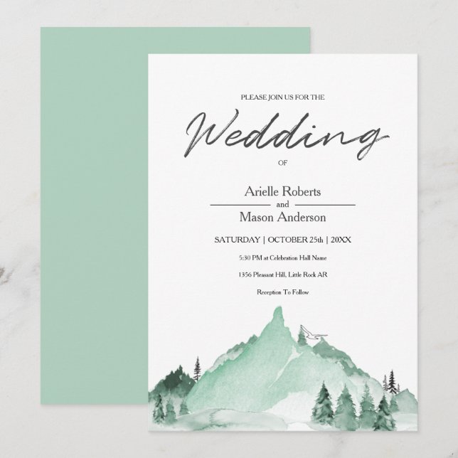 Invitación Elegante Montañas del Bosque Verde Boda sencillo (Anverso / Reverso)