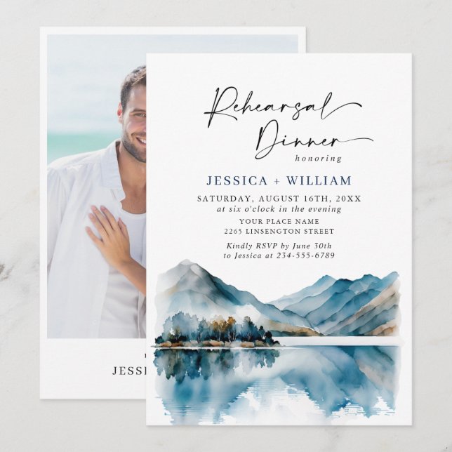 Invitación Elegante Montañas Fotografía de la cena de ensayo  (Anverso / Reverso)