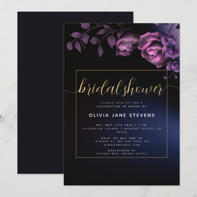 Invitación Elegante Moody Black Purple Floral Bridal Shower (Anverso / Reverso)