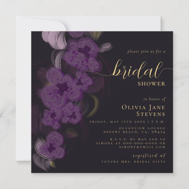Invitación Elegante Moody Black Purple Orchids Bridal Shower (Anverso)