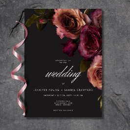 Invitación Elegante Moody Boda de orejas y flores de Borgoña