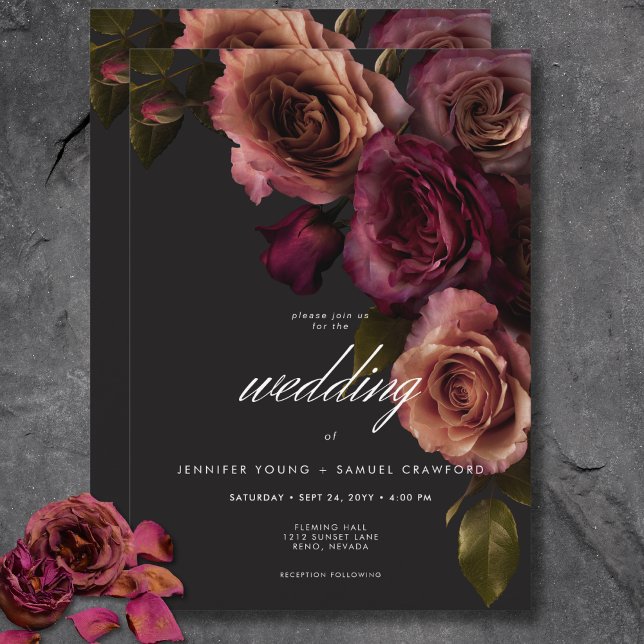 Invitación Elegante Moody Boda de orejas y flores de Borgoña (Elegant Moody Muted Rust & Burgundy Floral Wedding Invitation)