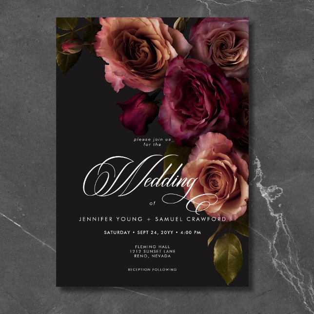 Invitación Elegante Moody Boda de orejas y flores de Borgoña (Subido por el creador)
