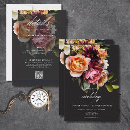 Invitación Elegante Moody Burgundy & Floral Rosa Todo En Uno