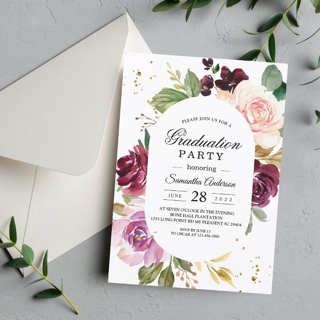 Invitación Elegante Moody Burgundy Partido de Graduación Flor (Subido por el creador)