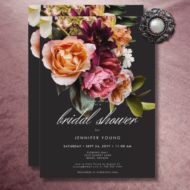 Invitación Elegante Moody Burgundy & Pink Floral Bridal Showe (Elegant Moody Burgundy & Pink Floral Bridal Shower Invitation)