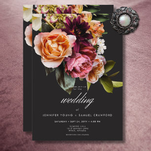 Invitación Elegante Moody Burgundy y Boda Floral Rosa