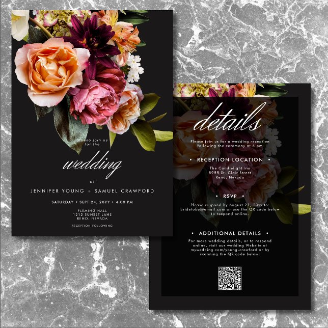 Invitación Elegante Moody Burgundy y Floral Rosa Dos Bandos (Elegant Moody Burgundy & Pink Floral Two Sided Invitation)