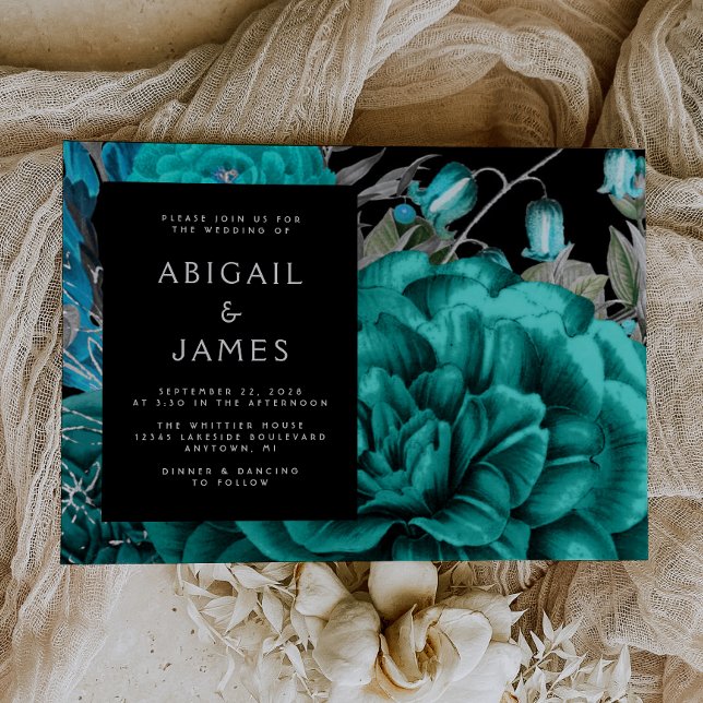 Invitación Elegante Moody Dark Floral Verde azulado Boda Plat (The perfect choice for a romantic turquoise and silver themed wedding.)