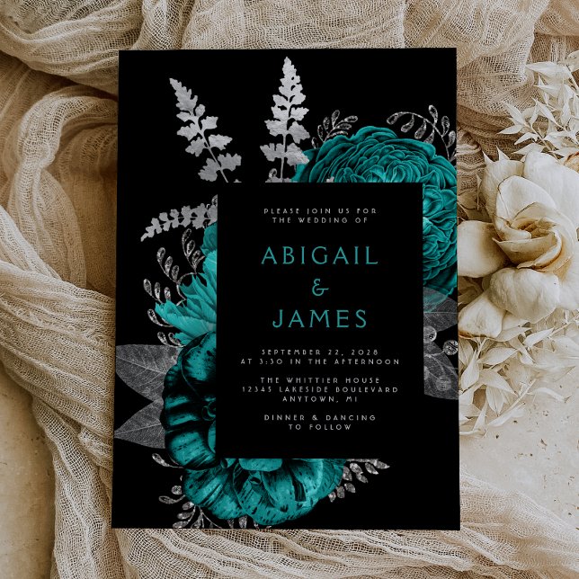 Invitación Elegante Moody Dark Floral Verde azulado Boda Plat (Subido por el creador)