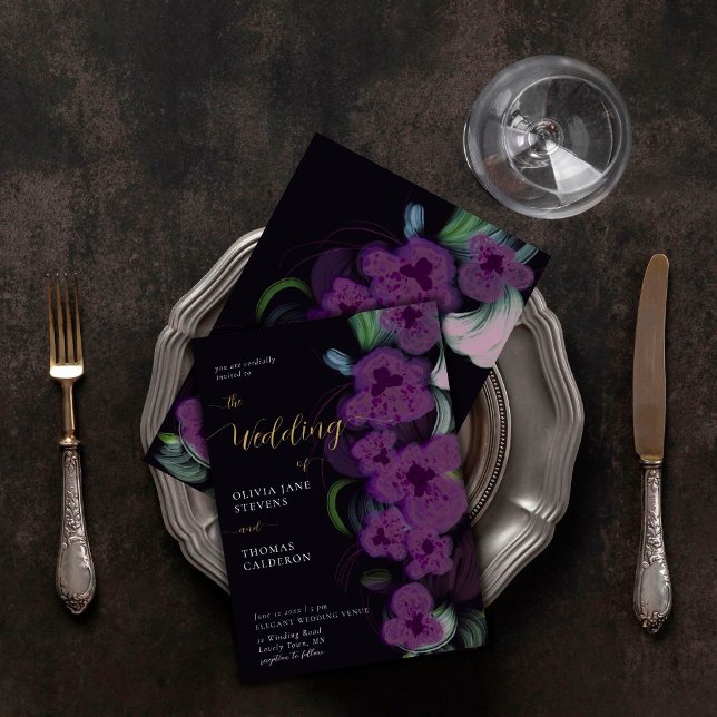 Invitación Elegante Moody Dark Púrpura Orquídeas Bouquet Boda (Subido por el creador)