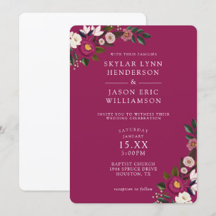 Invitación Elegante Moody Floral Watercolor Borgoña Boda
