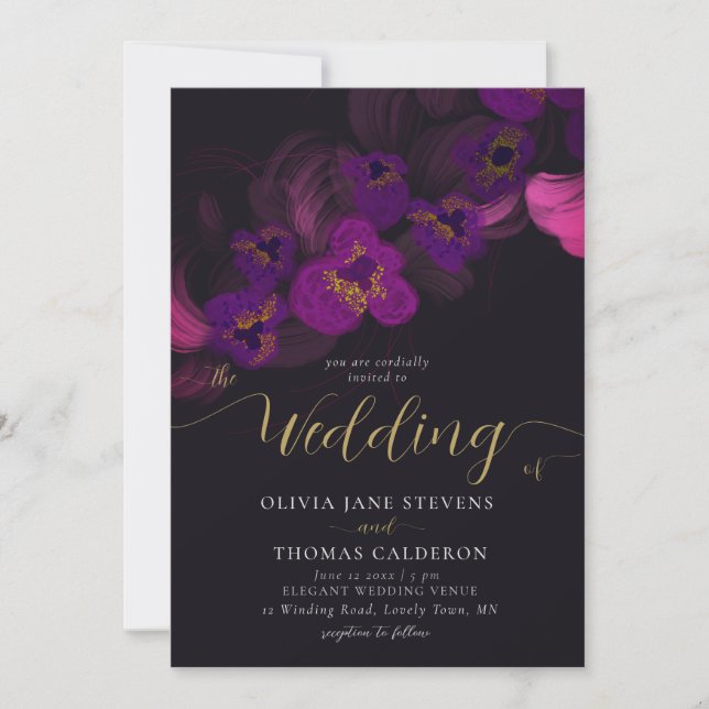 Invitación Elegante Moody Oscuro Púrpura Orquídea Boda Floral (Anverso)