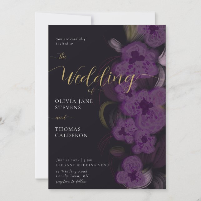Invitación Elegante Moody Oscuro Púrpura Orquídeas Boda de co (Anverso)