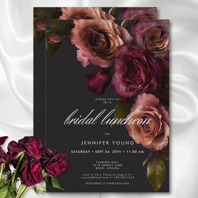 Invitación Elegante Moody Rust & Burgundy Floral Bridal Lunch (Elegant Moody Rust & Burgundy Floral Bridal Lunch Invitation)