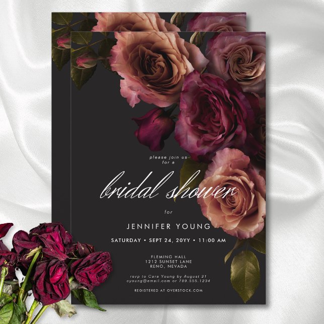 Invitación Elegante Moody Rust & Burgundy Floral Bridal Showe (Elegant Moody Rust & Burgundy Floral Bridal Shower Invitation)