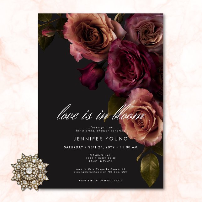 Invitación Elegante Moody Rust Burgundy Love In Bloom Shower (Elegant Moody Rust Burgundy Love In Bloom Shower Invitation)