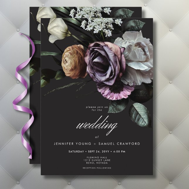Invitación Elegante Moody Twilight Boda floral silenciado (Elegant Moody Twilight Muted Floral Wedding Invitation)