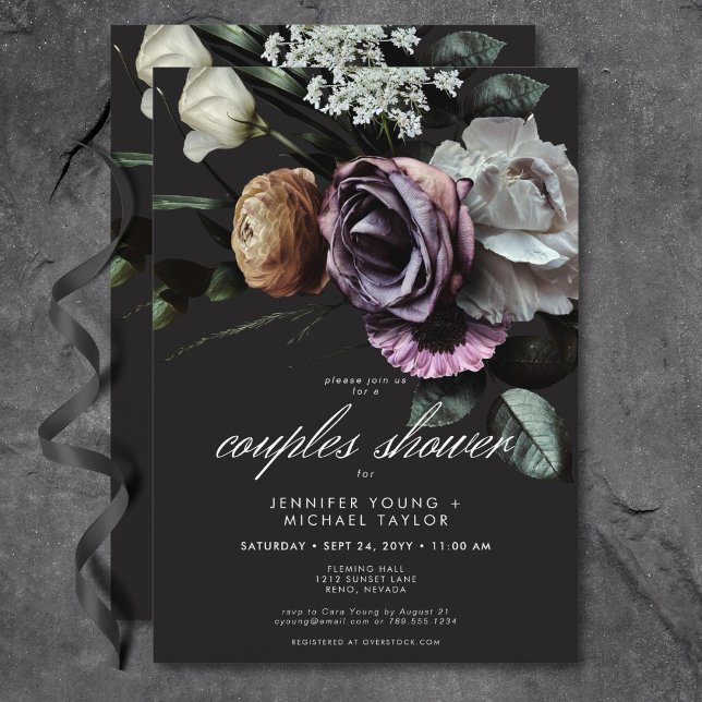 Invitación Elegante Moody Twilight Suelo De Parejas Florales  (Elegant Moody Twilight Muted Floral Couples Shower Invitation)