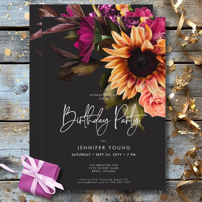 Invitación Elegante Moody Vibrant Sunset Floral Cumpleaños (Elegant Moody Vibrant Sunset Floral Birthday Invitation)
