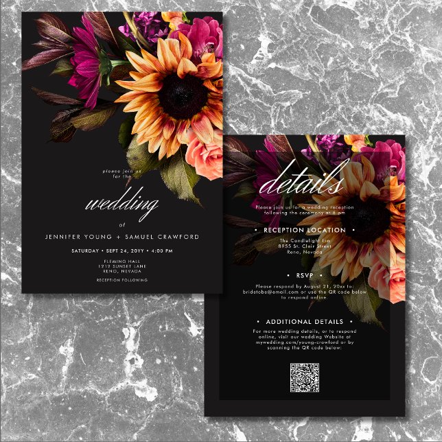 Invitación Elegante Moody Vibrante Floral De Amanecer Dos Lad (Elegant Moody Vibrant Sunset Floral Two Sided Invitation)