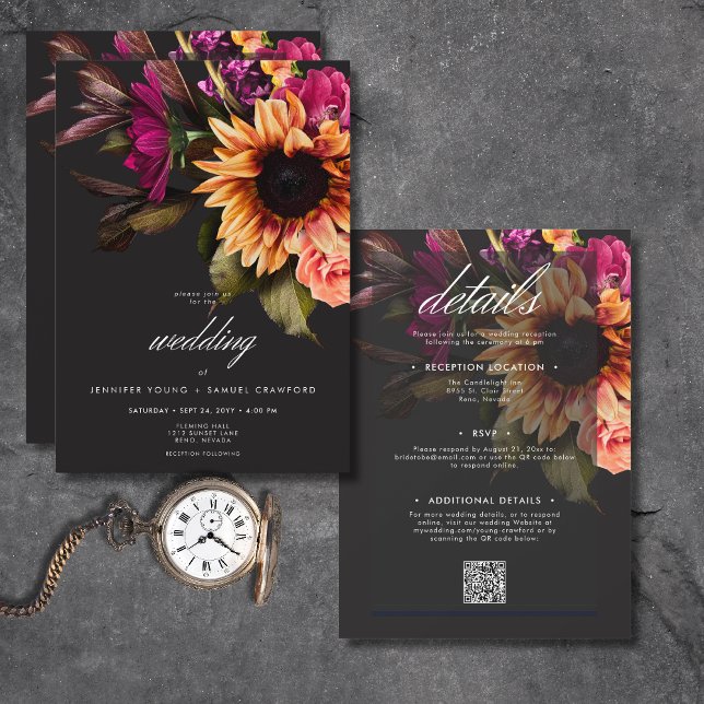 Invitación Elegante Moody Vibrante Floral De Amanecer Todo En (Elegant Moody Vibrant Sunset Floral All In One Invitation)