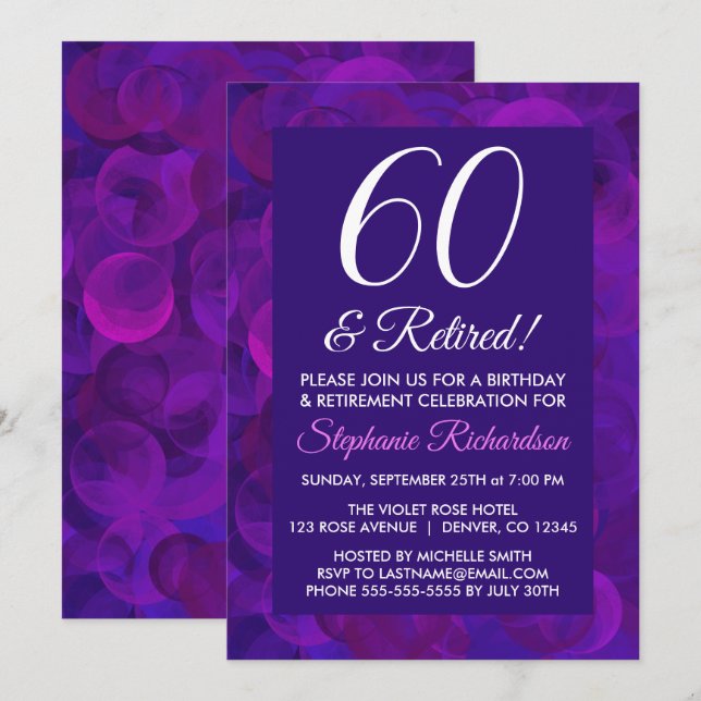 Invitación Elegante morado 60 y Fiesta jubilado (Anverso / Reverso)