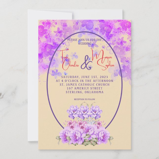 Invitación Elegante Morado Acuarela Floral (Anverso)