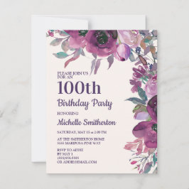 Invitación Elegante Morado Acuarela Floral 100 cumpleaños