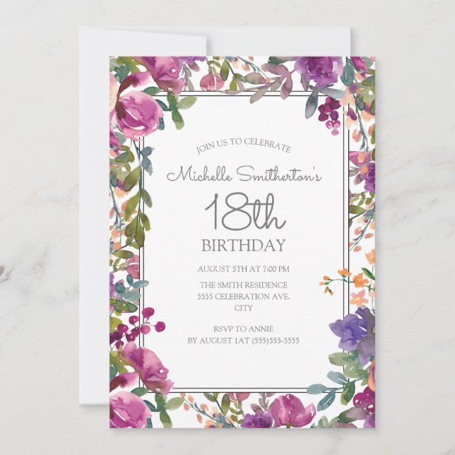 Invitación Elegante Morado Acuarela Floral 18 cumpleaños (Anverso)