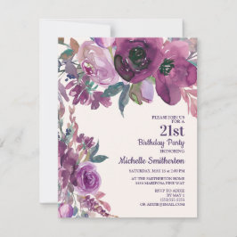 Invitación Elegante Morado Acuarela Floral 21 cumpleaños