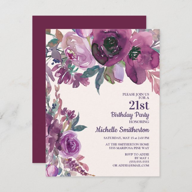 Invitación Elegante Morado Acuarela Floral 21 cumpleaños (Anverso / Reverso)