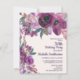 Invitación Elegante Morado Acuarela Floral 30 Años