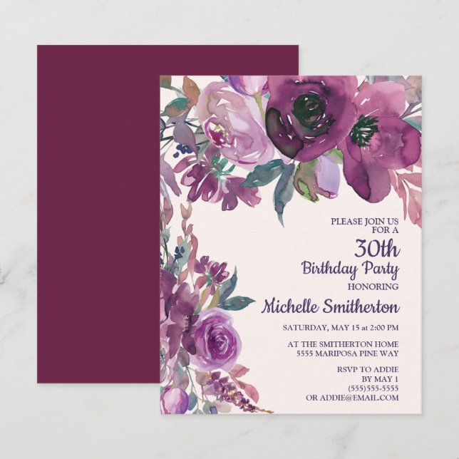 Invitación Elegante Morado Acuarela Floral 30 Años (Anverso / Reverso)