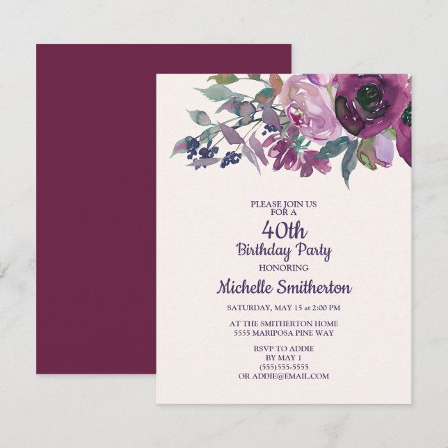 Invitación Elegante Morado Acuarela Floral 40º Cumpleaños (Anverso / Reverso)