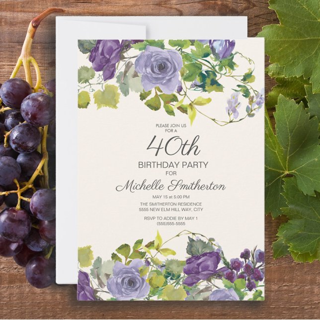 Invitación Elegante Morado Acuarela Floral 40 cumpleaños (Elegant purple watercolor floral 40th birthday party invitation for women)