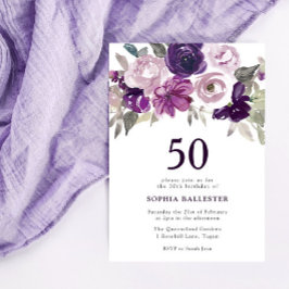 Invitación Elegante Morado Acuarela Floral 50 cumpleaños