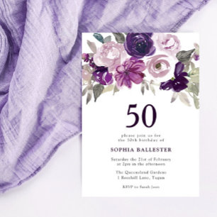 Invitación Elegante Morado Acuarela Floral 50 cumpleaños