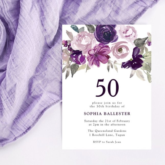Invitación Elegante Morado Acuarela Floral 50 cumpleaños (Subido por el creador)