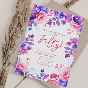 Invitación Elegante Morado Acuarela Floral 50 cumpleaños