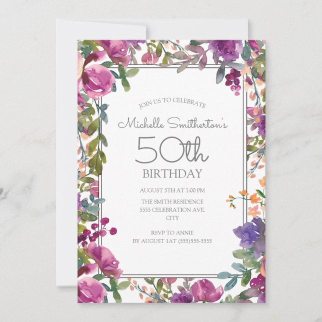 Invitación Elegante Morado Acuarela Floral 50 cumpleaños (Anverso)