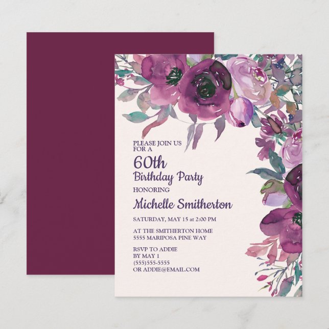Invitación Elegante Morado Acuarela Floral 60º Cumpleaños (Anverso / Reverso)