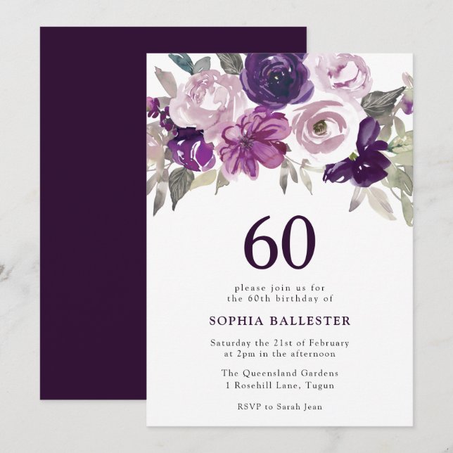 Invitación Elegante Morado Acuarela Floral 60 cumpleaños (Anverso / Reverso)