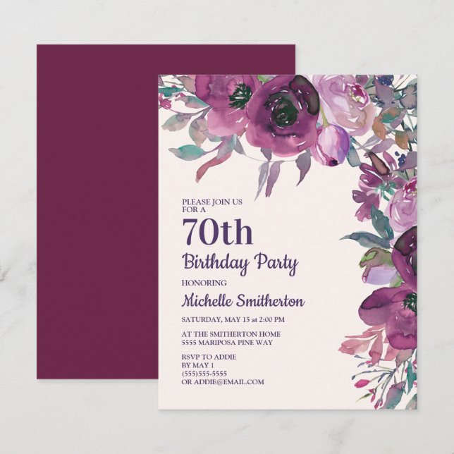 Invitación Elegante Morado Acuarela Floral 70 cumpleaños (Anverso / Reverso)