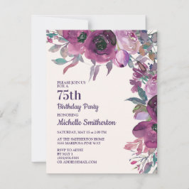 Invitación Elegante Morado Acuarela Floral 75 cumpleaños