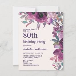 Invitación Elegante Morado Acuarela Floral 80 cumpleaños