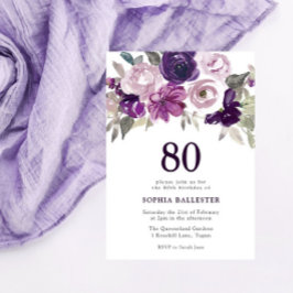 Invitación Elegante Morado Acuarela Floral 80 cumpleaños