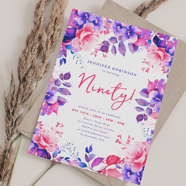 Invitación Elegante Morado Acuarela Floral 90 cumpleaños (Elegant Purple Watercolor Floral 90th Birthday Invitation)
